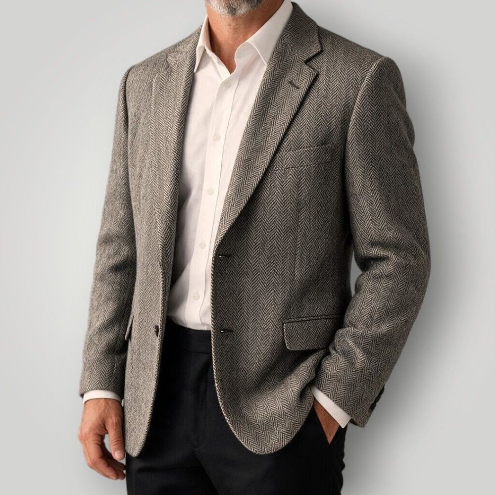 Vintage Mens Blazer Sport Coat Two‑Button Jacket TWEED WOOL Herringbone 48R Gray